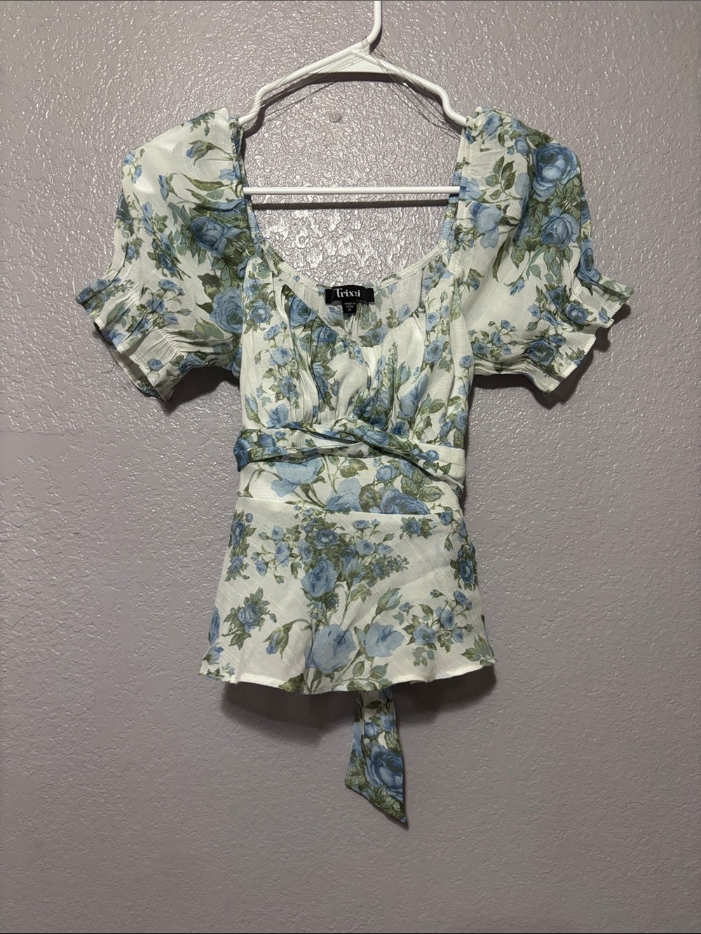 Trixxi Blue Floral Puff-Sleeve Wrap Blouse